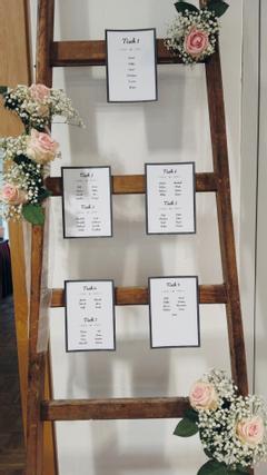 Hotelcamp Reinsehlen | Schneverdingen | Leiter mit angeklebten Schilder für die Tischordnung einer Feier